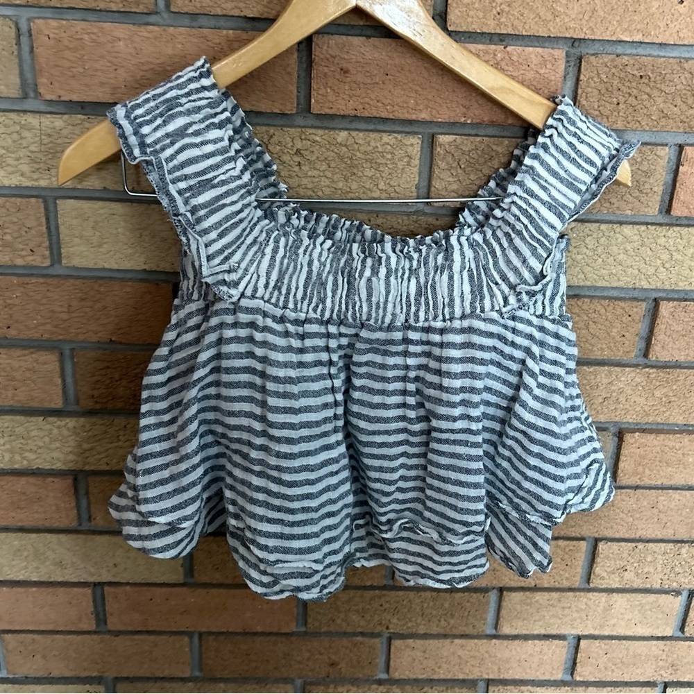 Apiece Apart Striped Linen Crop Top Ruffle Gray & White Striped Smocked Size 4